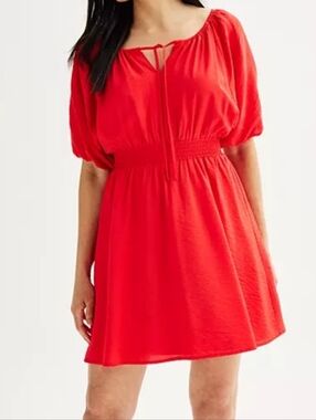 Nine West Red Puff-Sleeve Smocked Waist Dress
